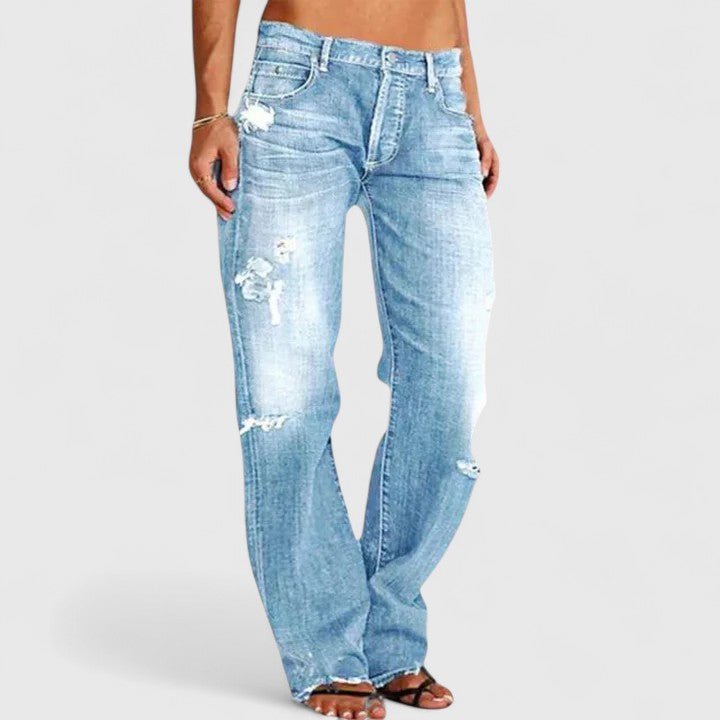 Women's Low-Rise Distressed Straight-Leg Denim Jeans - Light Blue