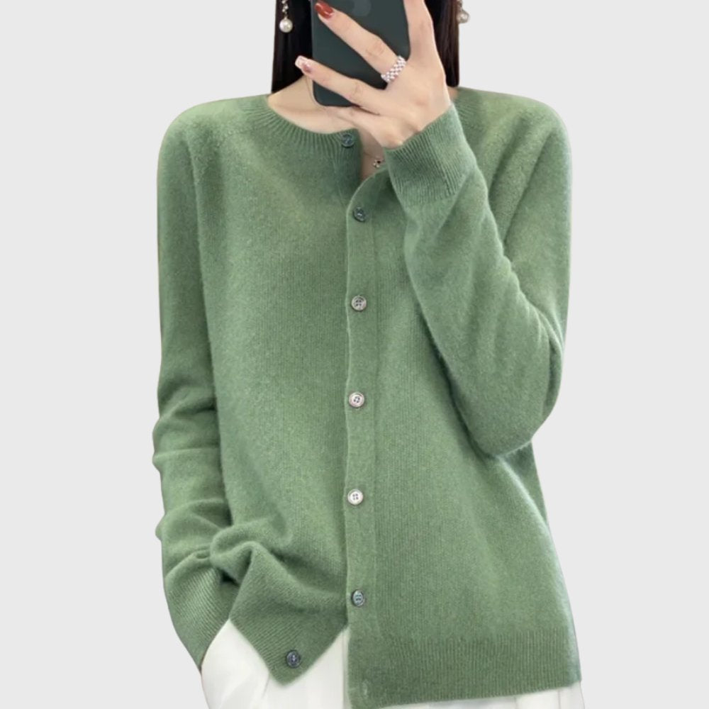 Women's Merino Wool Button-Front Round-Neck Cardigan - Green