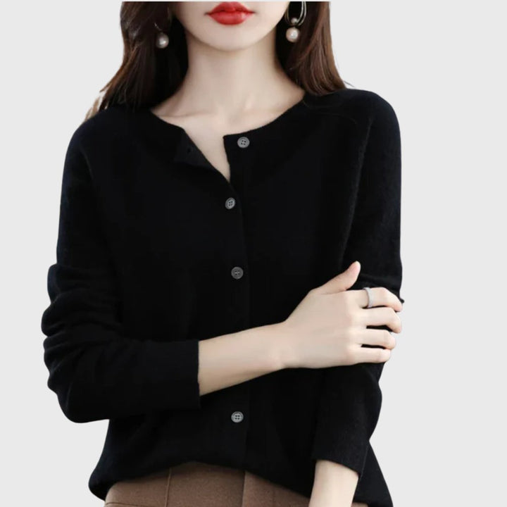 Women's Merino Wool Button-Front Round-Neck Cardigan - Black