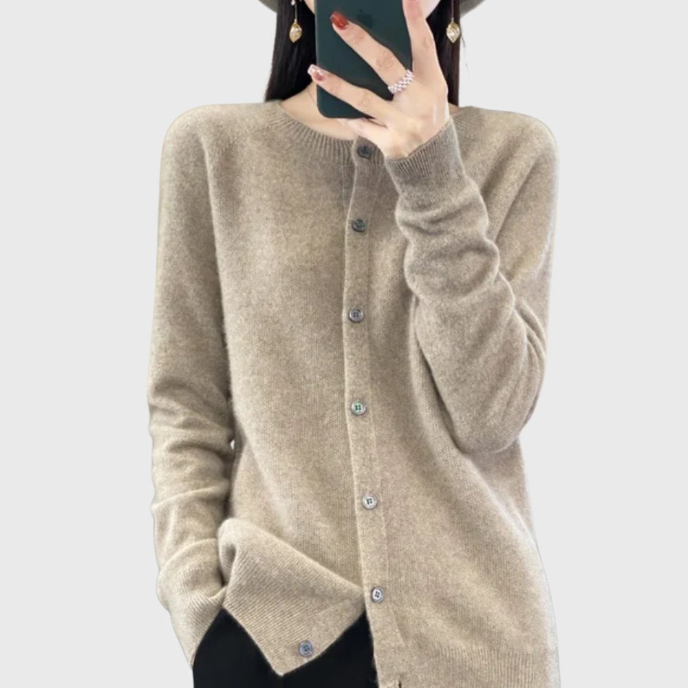 Women's Merino Wool Button-Front Round-Neck Cardigan - Brown