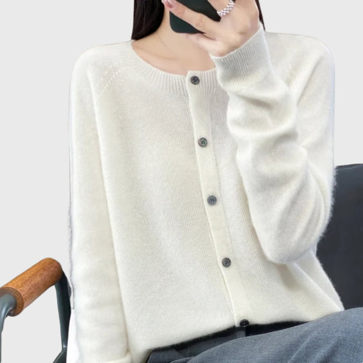 Women's Merino Wool Button-Front Round-Neck Cardigan - White