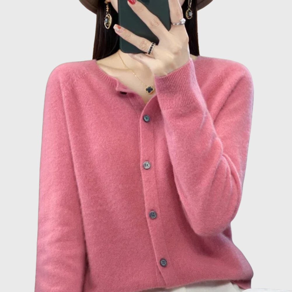 Women's Merino Wool Button-Front Round-Neck Cardigan - Pink