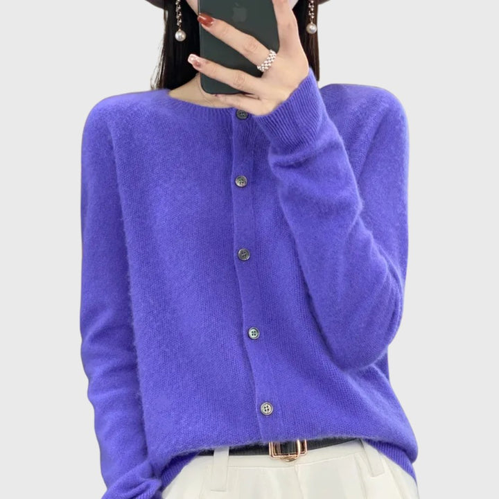 Women's Merino Wool Button-Front Round-Neck Cardigan - Purple