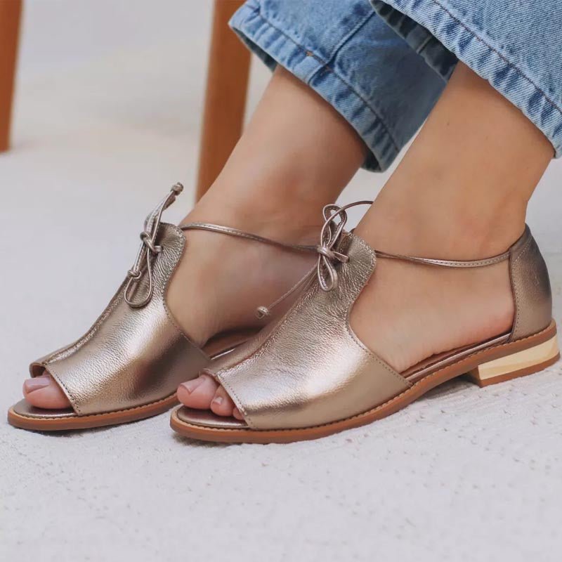 Women's Metallic Open-Toe Bow-Tie Flat Sandals - Gold