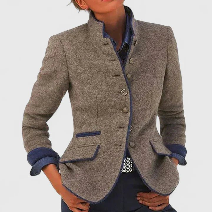 Women's Military Stand-Collar Wool Blazer - Brown