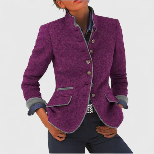 Women's Military Stand-Collar Wool Blazer - Purple