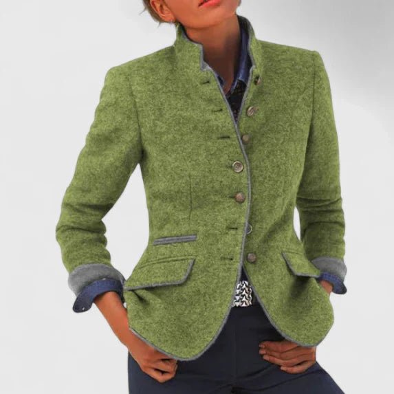 Women's Military Stand-Collar Wool Blazer - Green