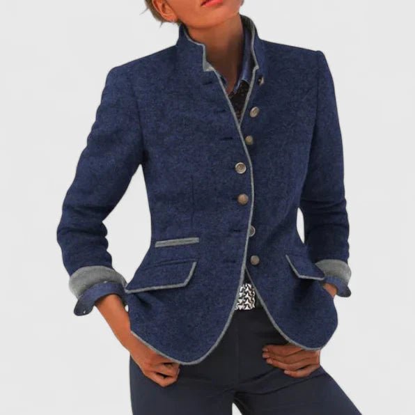 Women's Military Stand-Collar Wool Blazer - Royal Blue