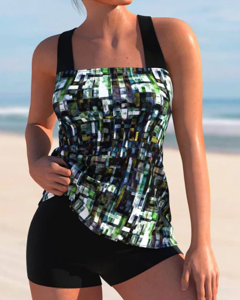 Women's Mosaic-Print Tankini Set with Swim Shorts - Zwart/Groen