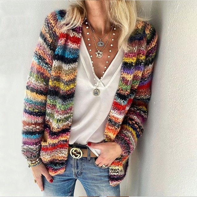 Women's Multicolor Knit Open-Front Cardigan Sweater - Red
