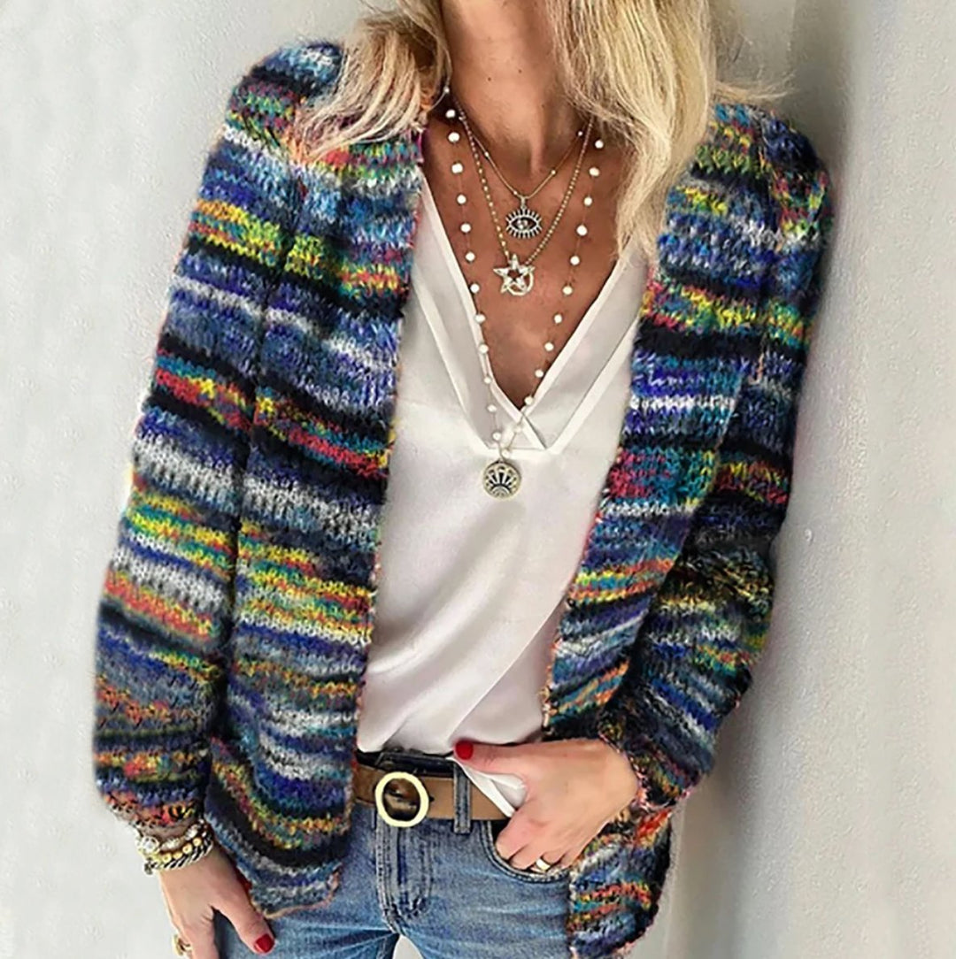 Women's Multicolor Knit Open-Front Cardigan Sweater - Blue