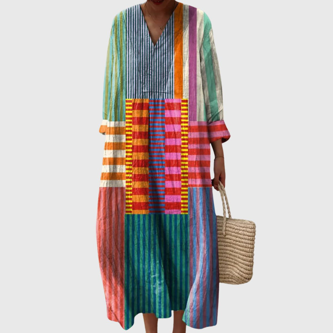 Women's Multicolor Striped Patchwork V-Neck Maxi Dress