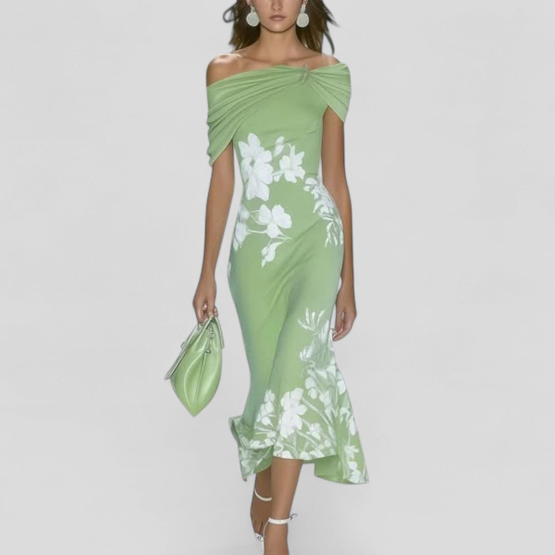 Women's Off-Shoulder Floral Print Bodycon Midi Dress - Green