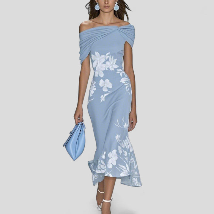 Women's Off-Shoulder Floral Print Bodycon Midi Dress - Blue