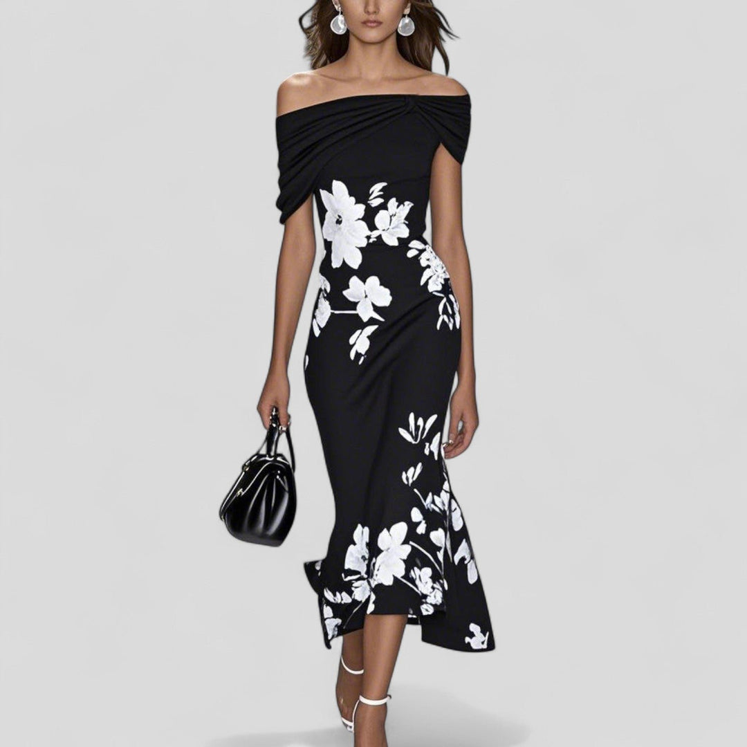 Women's Off-Shoulder Floral Print Bodycon Midi Dress - Black