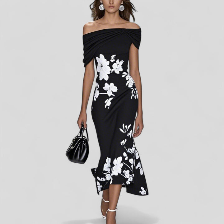 Women's Off-Shoulder Floral Print Bodycon Midi Dress - Black