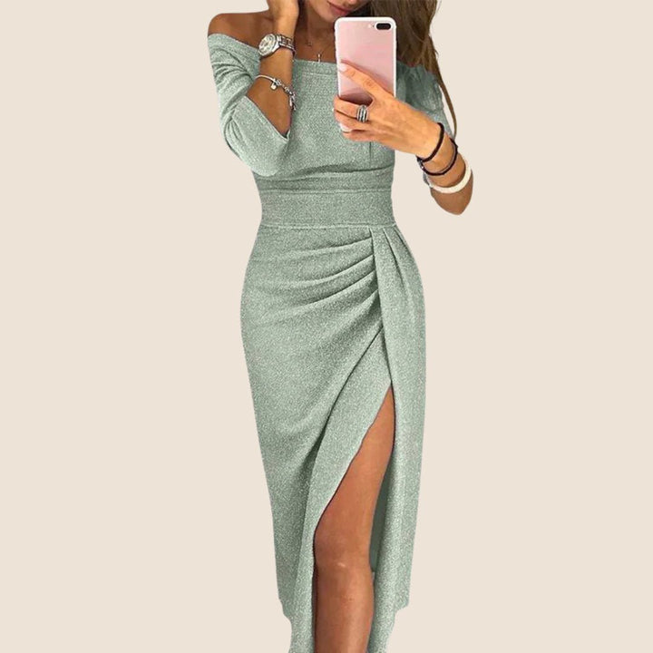 Women's Off-Shoulder Long-Sleeve Ruched Side-Slit Midi Dress - Silver Green