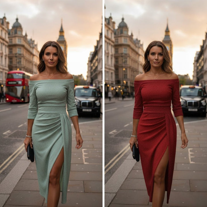 Women's Off-Shoulder Long-Sleeve Ruched Side-Slit Midi Dress