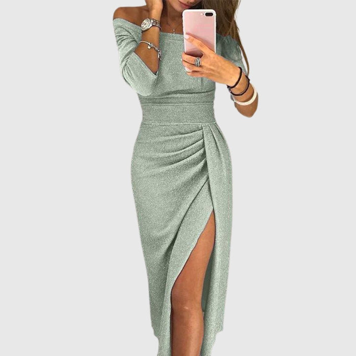 Women's Off-Shoulder Long-Sleeve Ruched Side-Slit Midi Dress