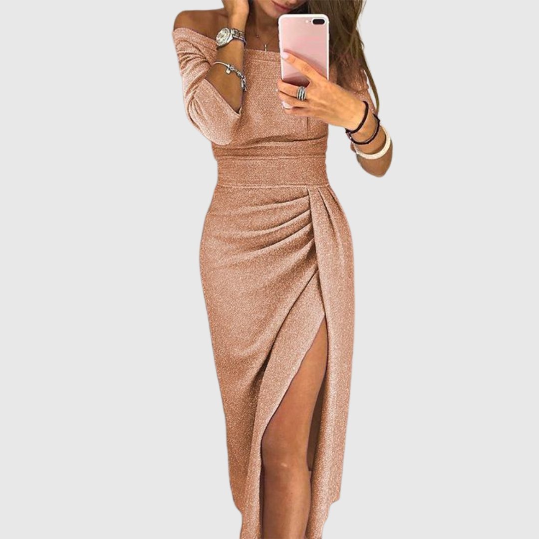 Women's Off-Shoulder Long-Sleeve Ruched Side-Slit Midi Dress - Champagne