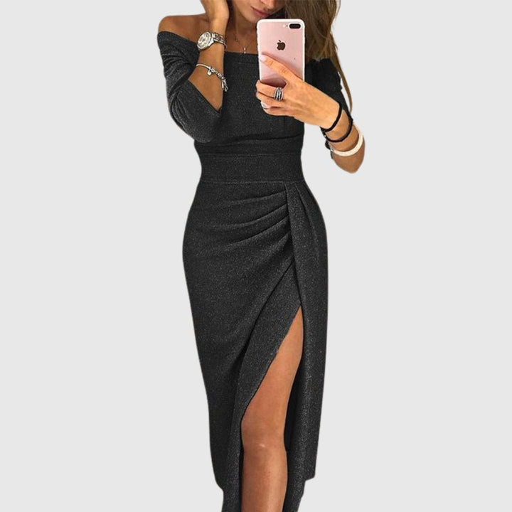 Women's Off-Shoulder Long-Sleeve Ruched Side-Slit Midi Dress - Black