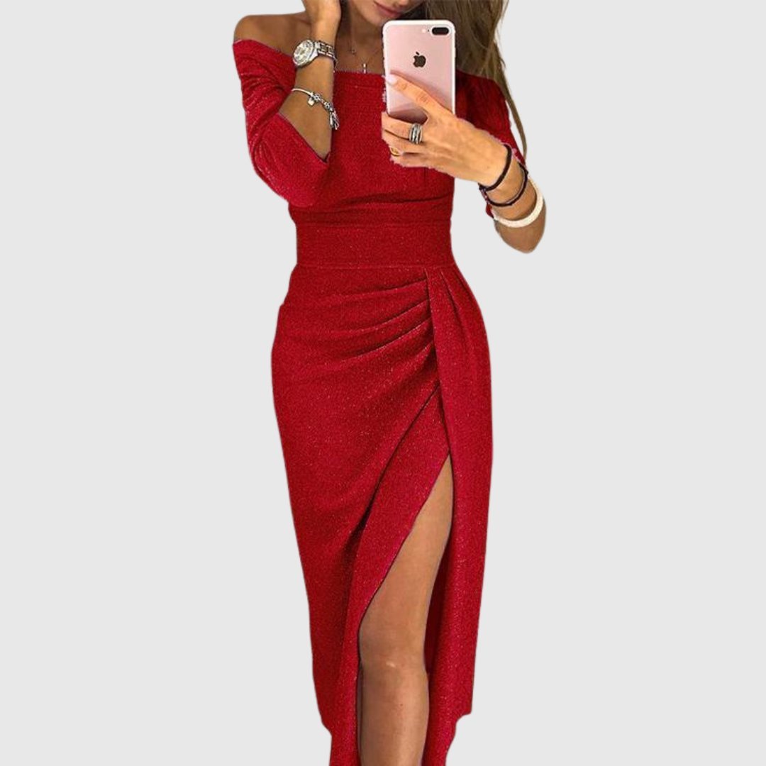 Women's Off-Shoulder Long-Sleeve Ruched Side-Slit Midi Dress - Red