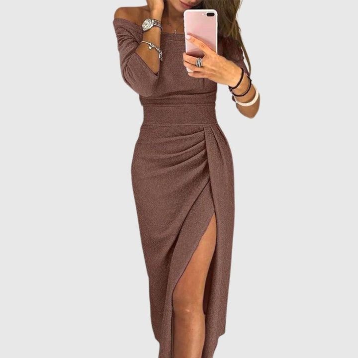 Women's Off-Shoulder Long-Sleeve Ruched Side-Slit Midi Dress - Brown
