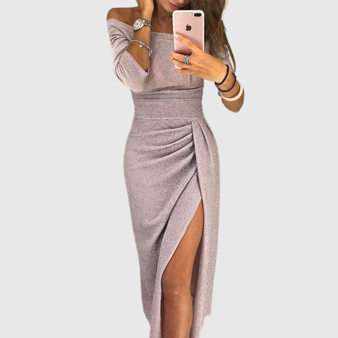 Women's Off-Shoulder Long-Sleeve Ruched Side-Slit Midi Dress - Pink