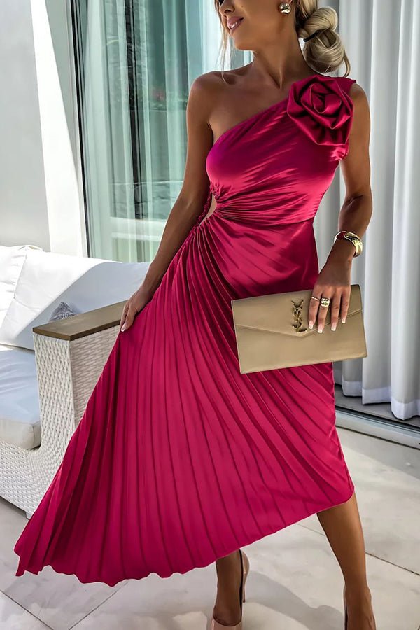 Women's One-Shoulder Pleated Maxi Dress with Rose Detail - Red