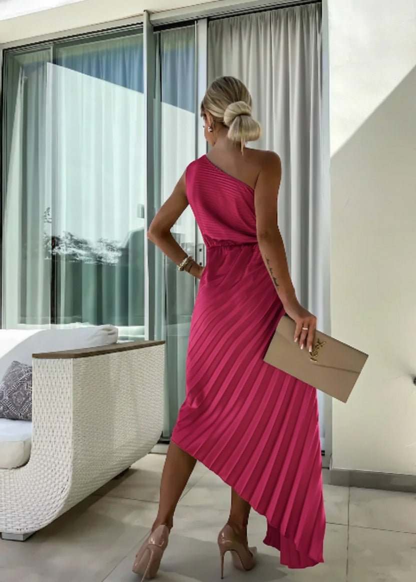 Women's One-Shoulder Pleated Maxi Dress with Rose Detail