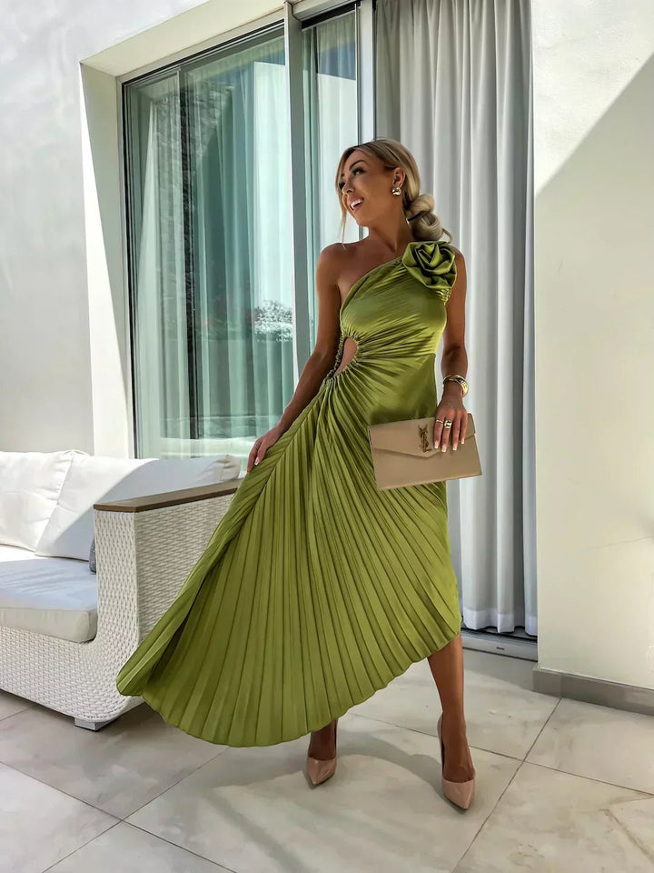 Women's One-Shoulder Pleated Maxi Dress with Rose Detail