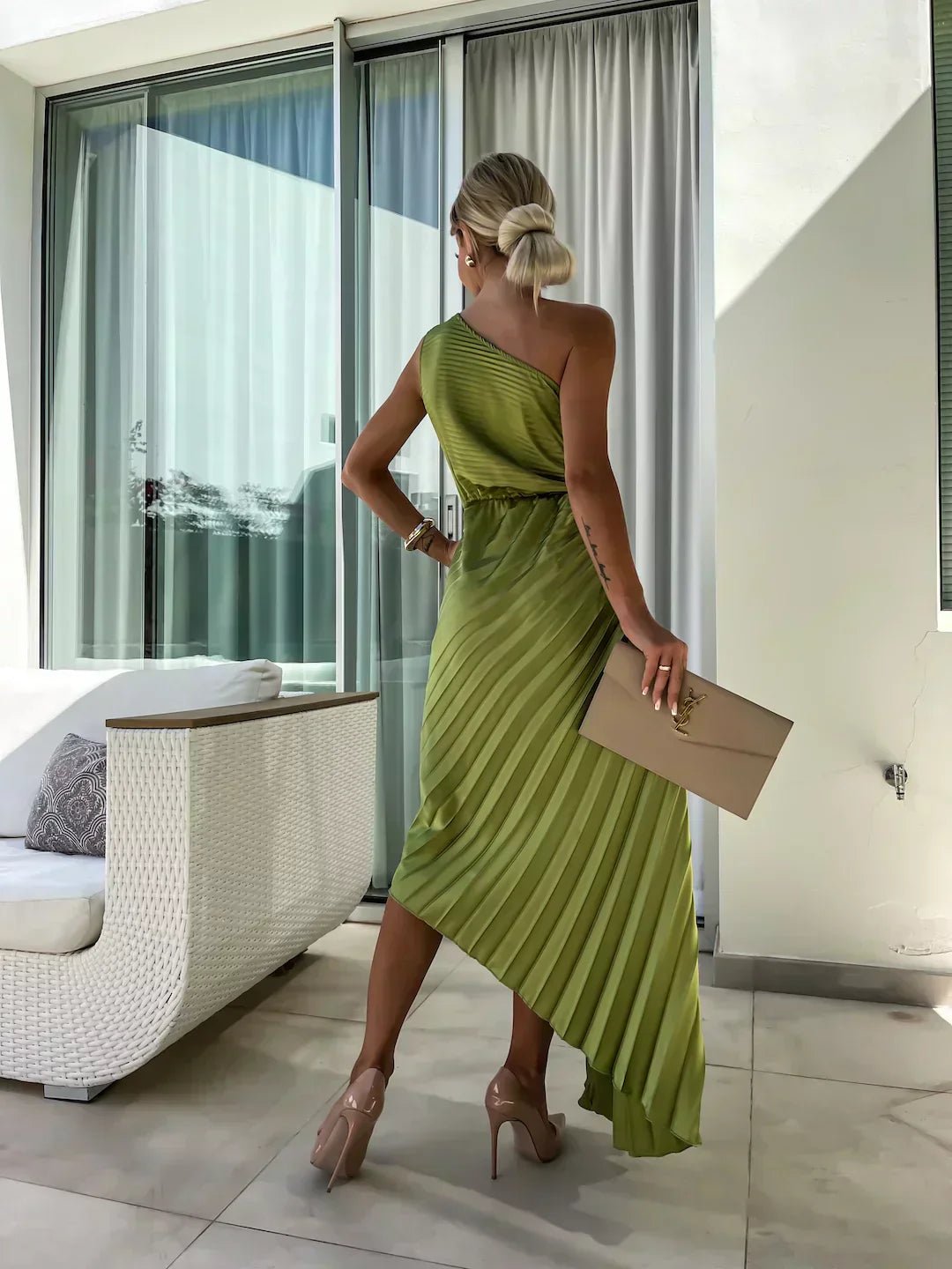 Women's One-Shoulder Pleated Maxi Dress with Rose Detail
