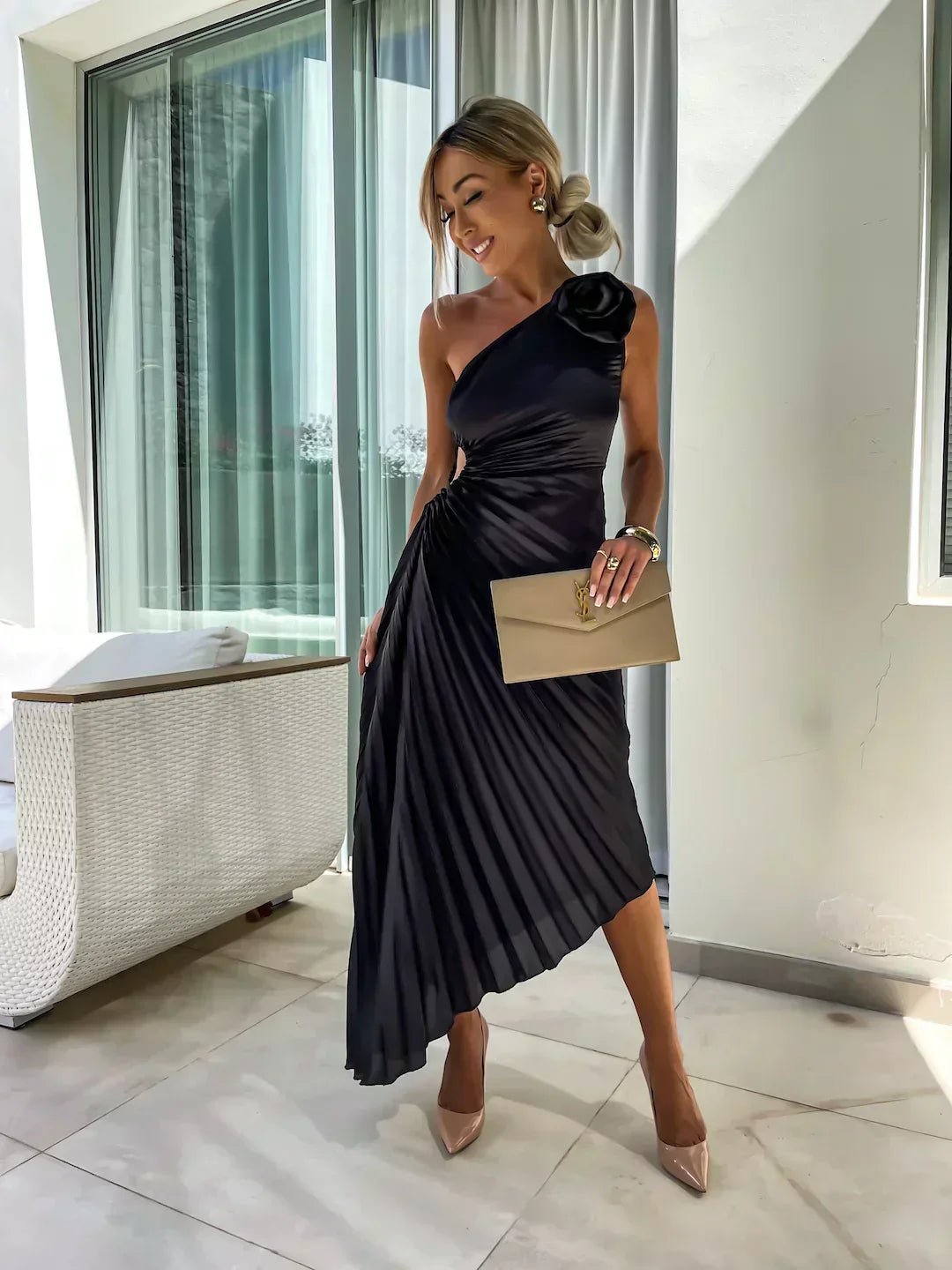 Women's One-Shoulder Pleated Maxi Dress with Rose Detail - Black