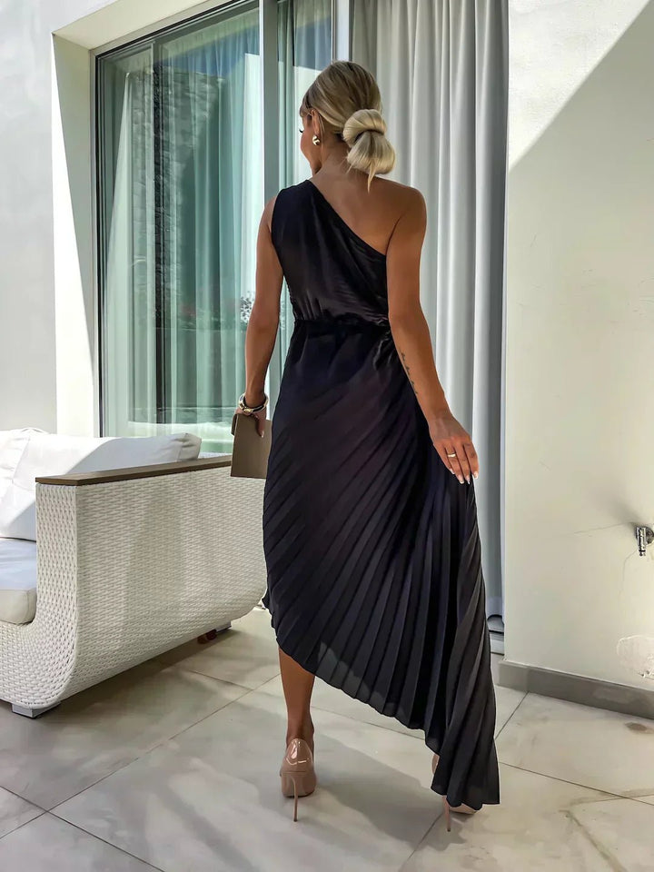 Women's One-Shoulder Pleated Maxi Dress with Rose Detail