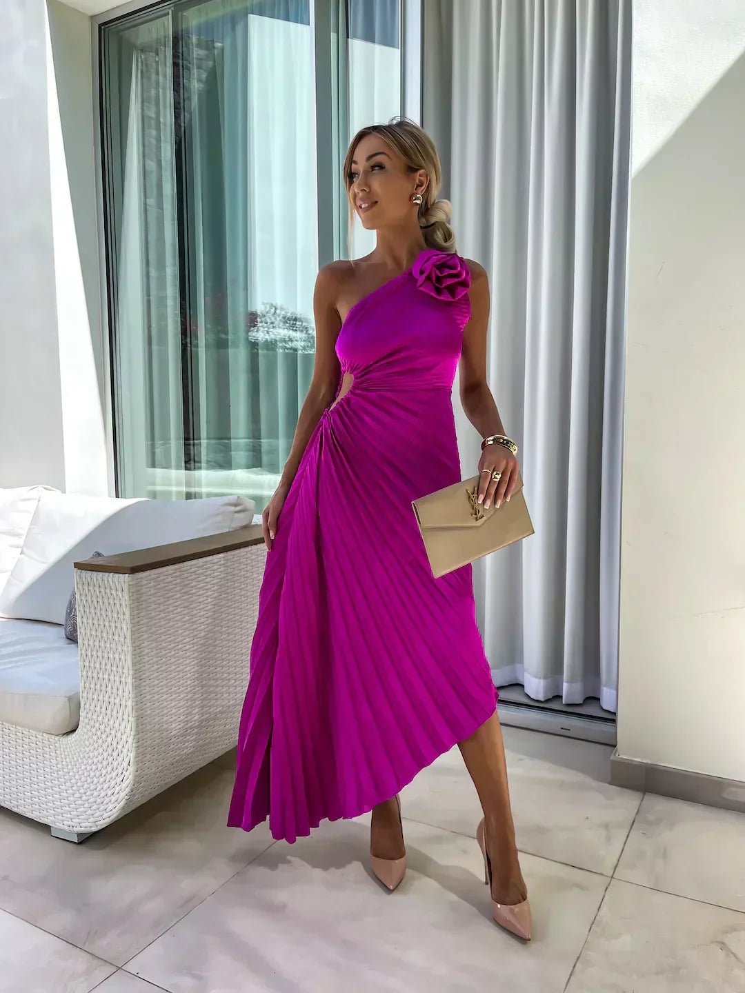 Women's One-Shoulder Pleated Maxi Dress with Rose Detail - Purple