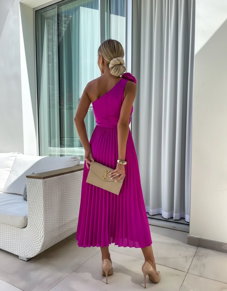 Women's One-Shoulder Pleated Maxi Dress with Rose Detail