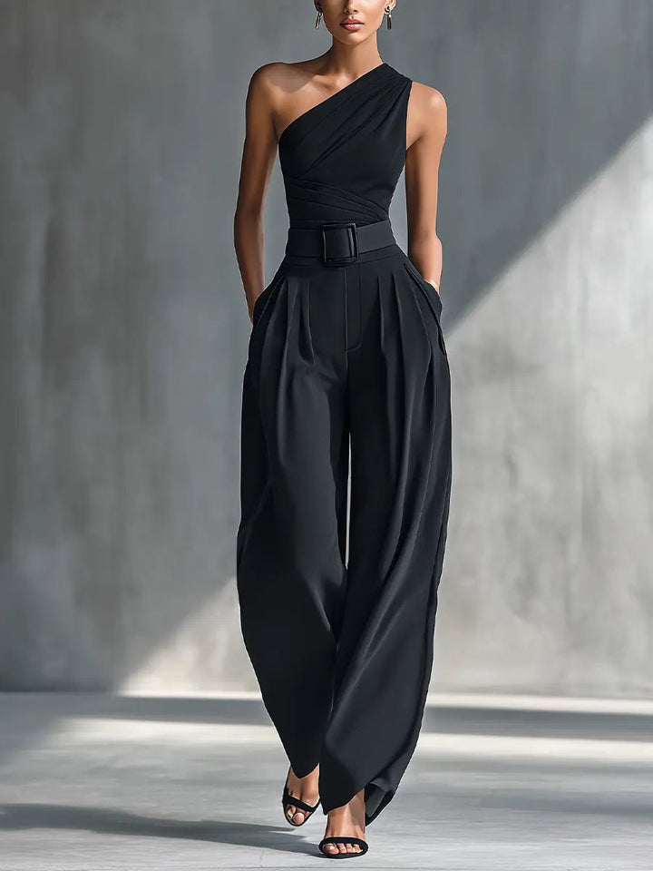 Women's One-Shoulder Sleeveless Wide-Leg Jumpsuit Set - Black