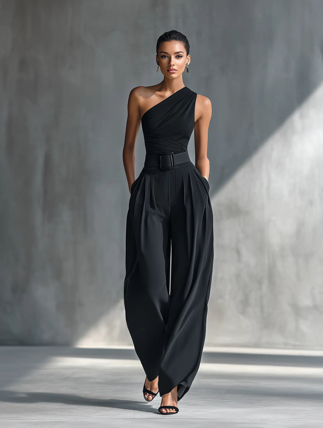 Women's One-Shoulder Sleeveless Wide-Leg Jumpsuit Set