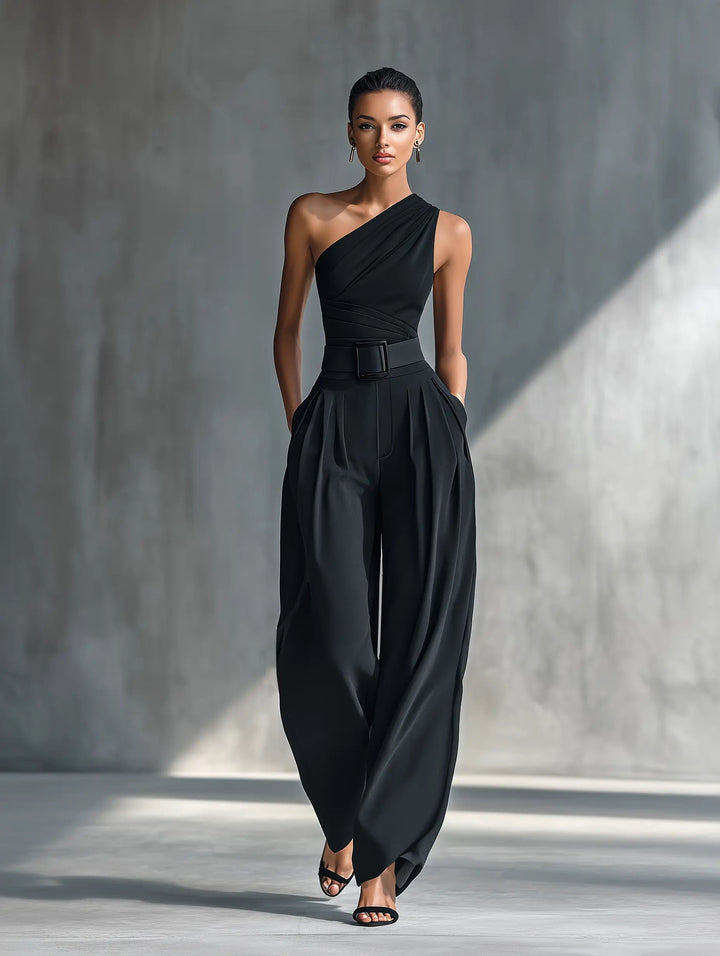Women's One-Shoulder Sleeveless Wide-Leg Jumpsuit Set