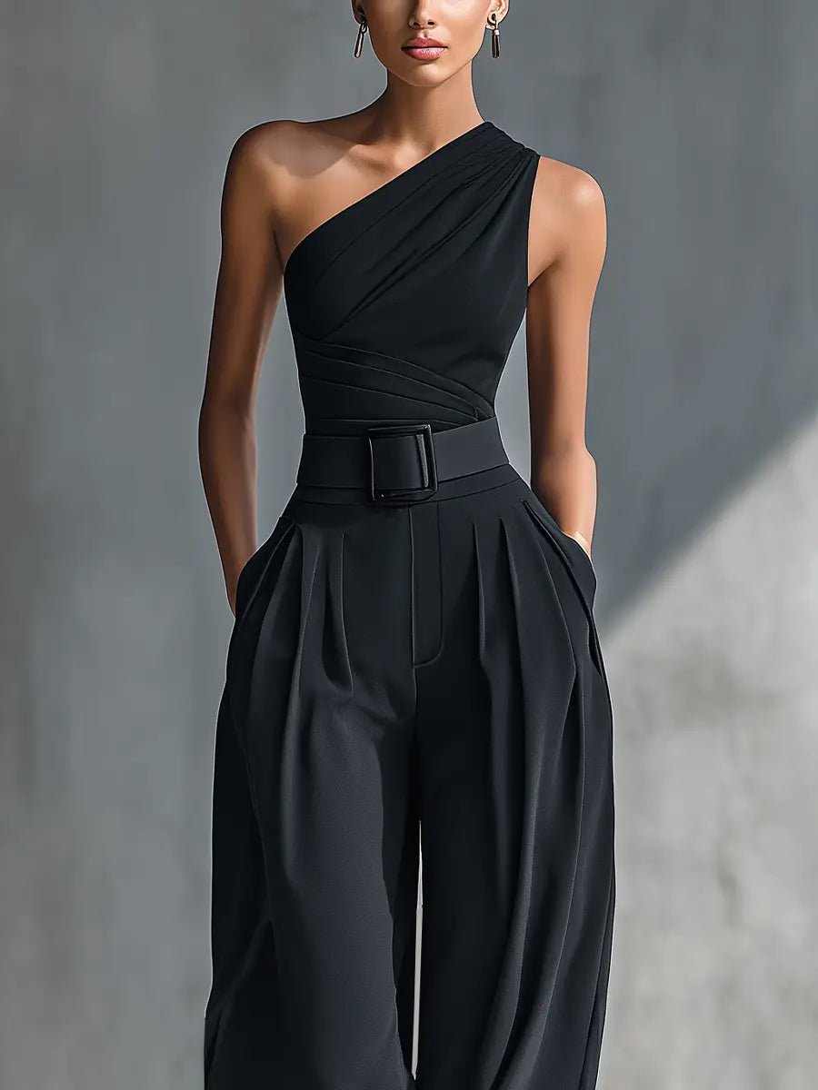 Women's One-Shoulder Sleeveless Wide-Leg Jumpsuit Set