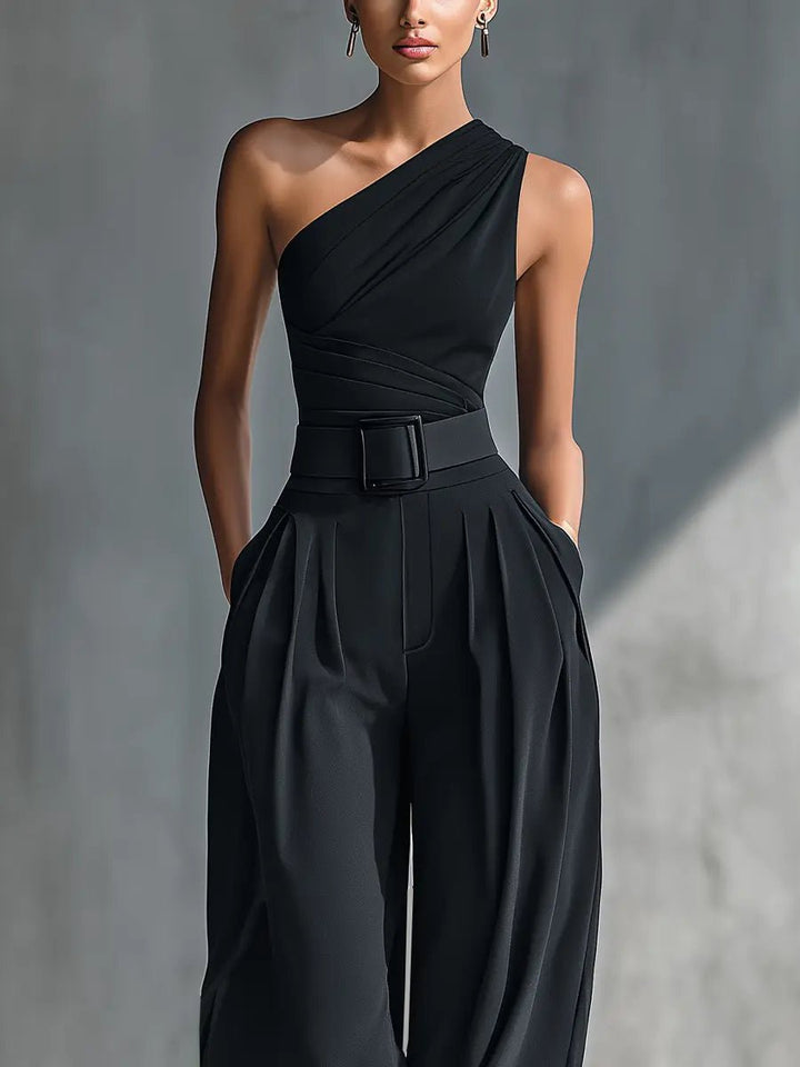Women's One-Shoulder Sleeveless Wide-Leg Jumpsuit Set