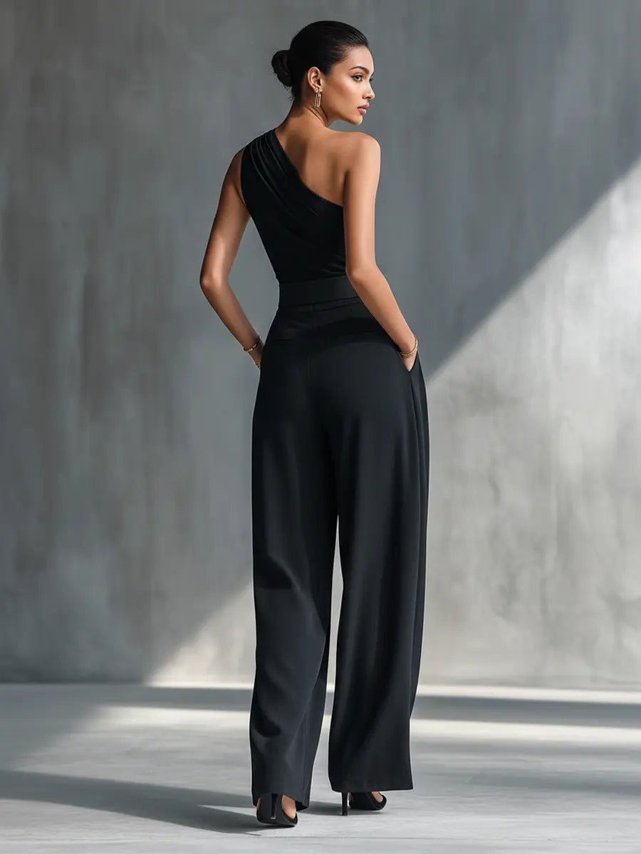 Women's One-Shoulder Sleeveless Wide-Leg Jumpsuit Set