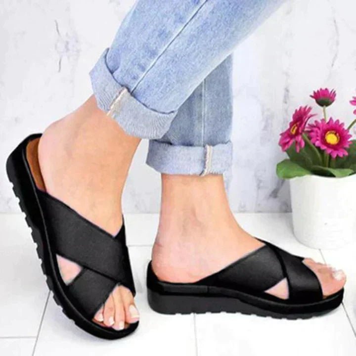 Women's Orthopedic Adjustable Cross-Strap Slide Sandals - Black