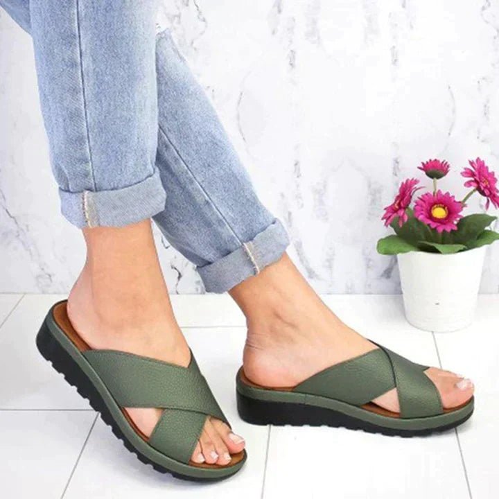 Women's Orthopedic Adjustable Cross-Strap Slide Sandals - Green