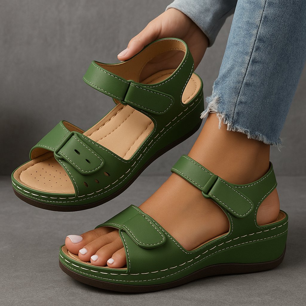 Women's Orthopedic Adjustable-Strap Wedge Sandals - Green