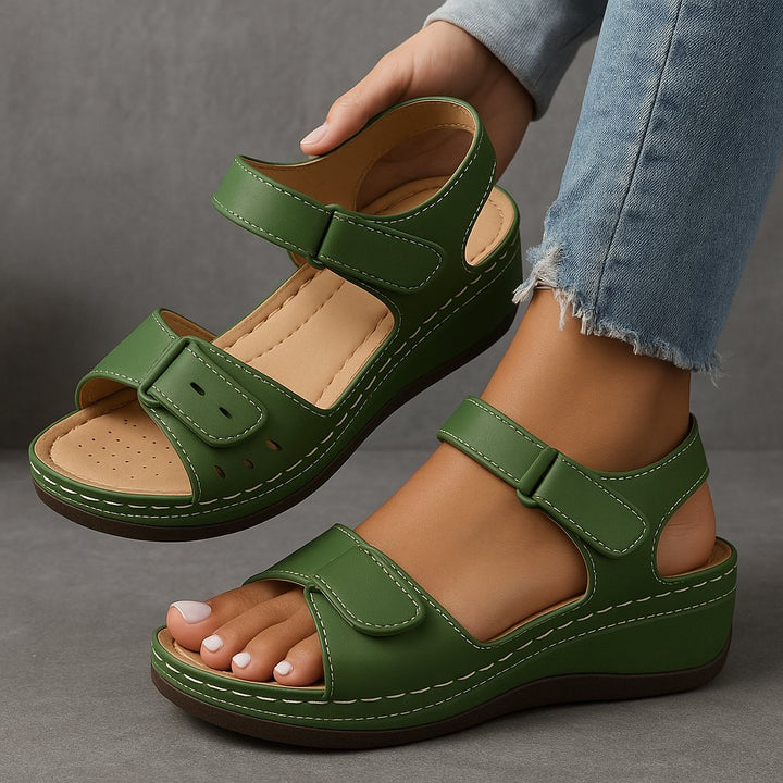 Women's Orthopedic Adjustable-Strap Wedge Sandals - Green
