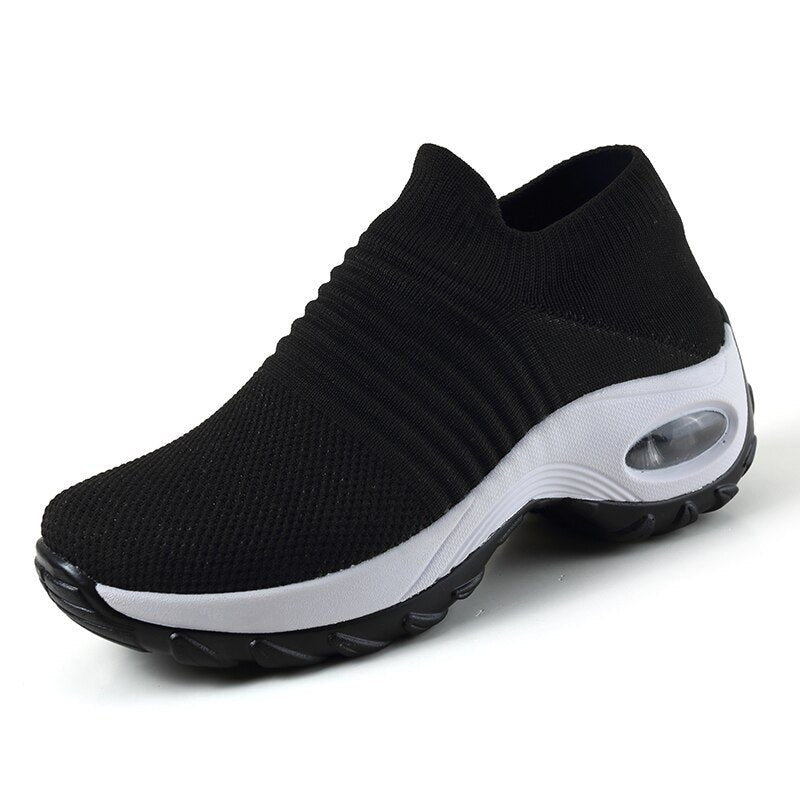Women's Orthopedic Air-Cushioned Slip-On Sneakers - Black (White Sole)