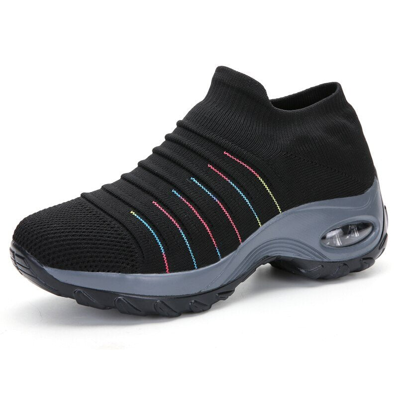 Women's Orthopedic Air-Cushioned Slip-On Sneakers - Black (Colored Stripes)