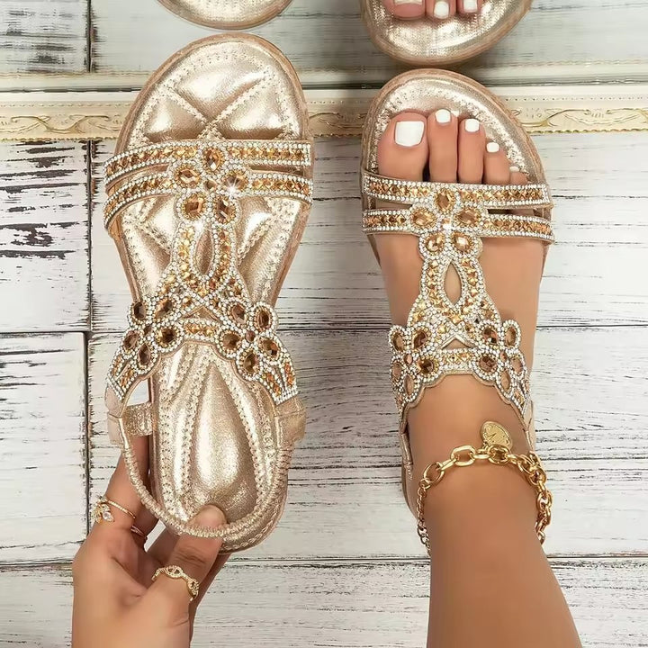 Women's Orthopedic Boho Rhinestone Slip-On Sandals - Gold