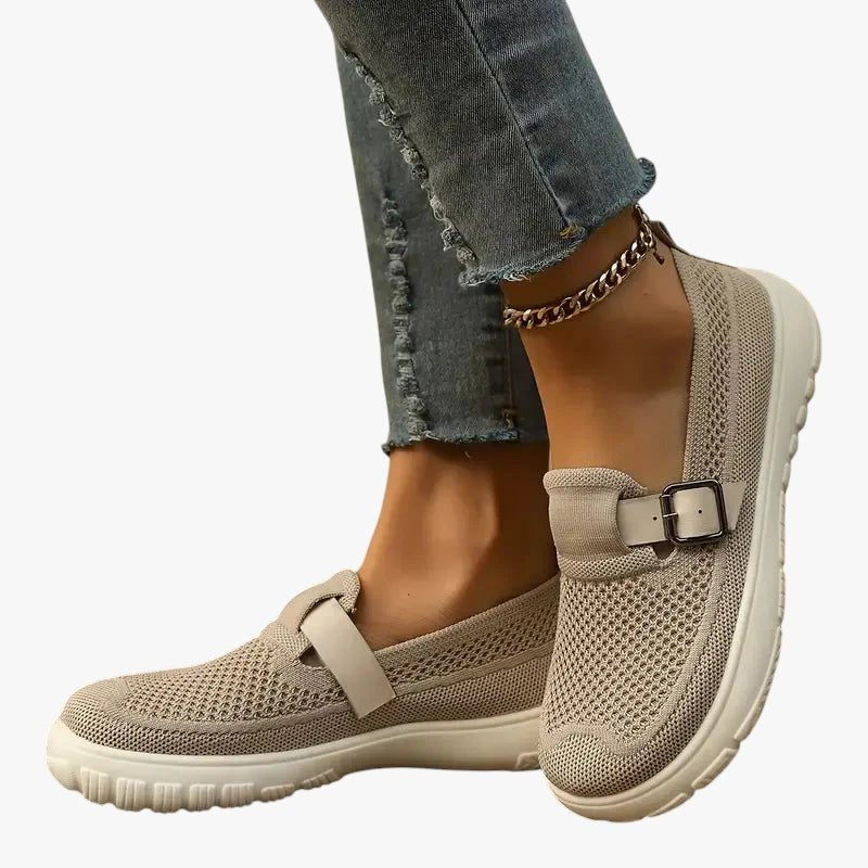 Women's Orthopedic Breathable Mesh Slip-On Sneakers with Adjustable Strap - Beige